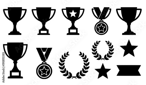 Trophy Cup and Medal Award Silhouette Vector Icons Set