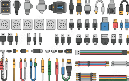 Electrical plug and cable connector collection isolated on white background, power adapters, USB ports, charging cables, and electronic connection icons for technology projects