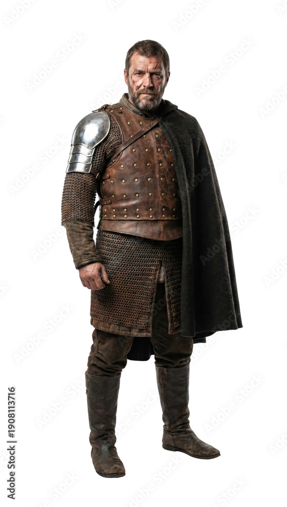 Obraz premium Battle-worn medieval warrior standing isolated. Historical character concept.