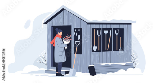 Woman With Bouquet Near Snowy Garden Shed and Winter Tools