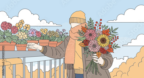Woman with Bouquet on Balcony, Autumn Garden Illustration