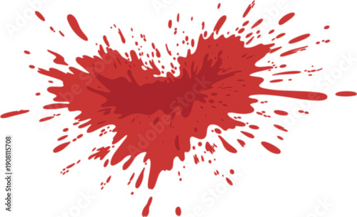 Red blood splatter stain isolated on white background, grunge horror texture illustration for crime scene, thriller, Halloween, and dramatic graphic design use