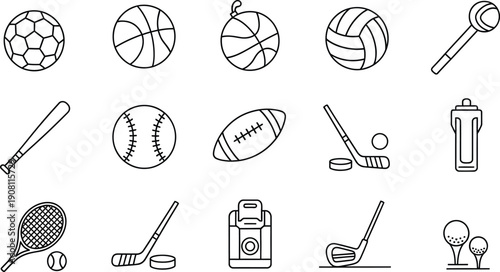 Collection of various sports equipment illustrations