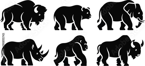 Six powerful black silhouettes of wild animals standing on a pristine white background