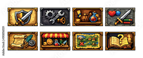 Pixel art game icons collection featuring tools and treasures