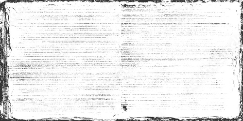 Distressed black and white textured background resembling old document with dense text and rough border
