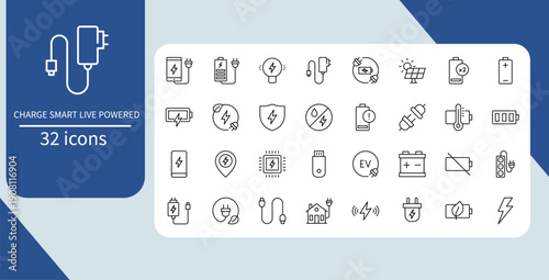 Battery Charging and Electric Power Line Icon Set