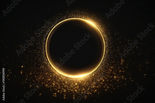 Glowing gold ring with shimmering particles against a dark background, elegant and abstract