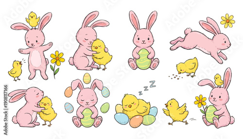 Adorable pink bunnies and yellow chicks interacting with colorful Easter eggs and flowers in various cute poses bunny rabbit chicken spring animal baby illustration cartoon