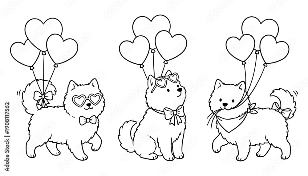 Obraz premium Three adorable fluffy dogs wearing heart shaped sunglasses and bows each holding a bunch of heart shaped balloons in a delightful celebration puppy love cute festive happy