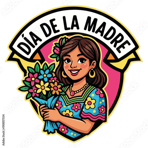 Dia de la Madre Mother's Day Celebration Illustration with Latin American Woman Holding Flower Bouquet