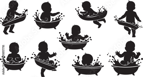 Silhouette of baby playing in bathtub with water splashes