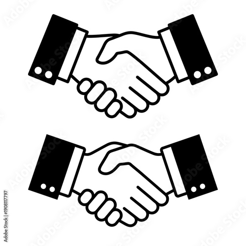 Two pairs of stylized hands in black suits firmly shaking hands symbolizing agreement and partnership presented vertically handshake business deal cooperation trust meeting
