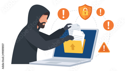 A hooded figure in black gloves appears to be stealing documents from a laptop screen displaying a file folder with security icons indicating threats hacker cybercrime data breach