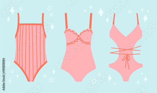 Cute one-piece swimming suits set. Vector illustrations in cartoon style for greeting cards. Different shapes pink summer swimwear for beach.