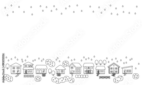 梅雨の雨と紫陽花のある町並みフレーム背景素材_線画