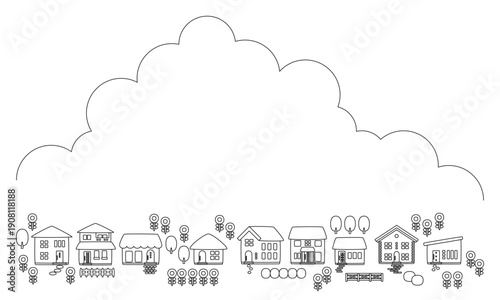 夏の青空とヒマワリの咲いている町並みフレーム背景素材_線画