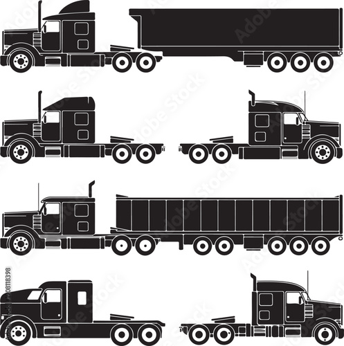 black semi truck silhouettes on white background