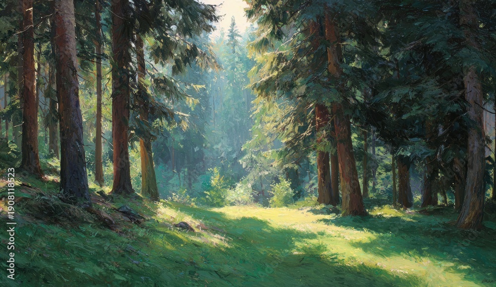 Fototapeta premium Lush forest scene. Sunlight streams through tall trees onto a grassy clearing, creating a serene ambiance