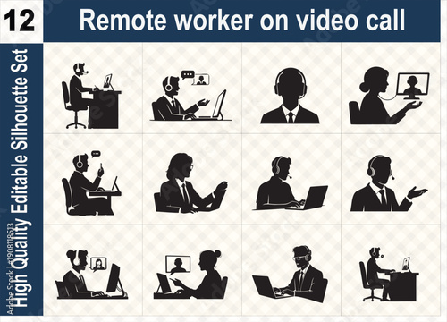 Silhouette set of a remote worker on a video call using a laptop, representing home office, virtual meetings, online collaboration, and digital work.