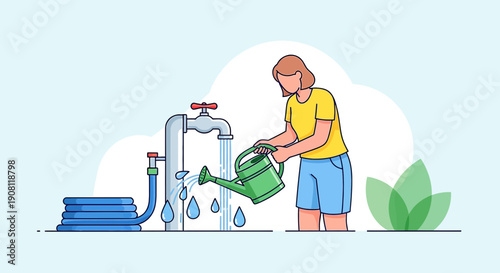 Woman Watering Plants with Watering Can from Tap and Hose