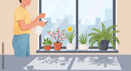 Woman Watering Potted Plants by Window with Cityscape View