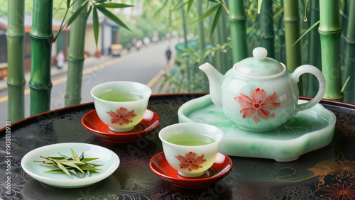 A closeup of a healthy hot green beverage served in a white Chinese tea set with a teapot and cup on a restaurant table for a morning breakfast