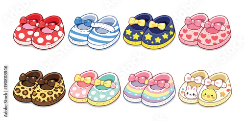 Colorful cartoon baby shoes with patterns: polka dots, stripes, stars, hearts, animal print, rainbow