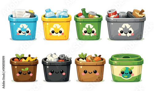 Cute cartoon recycling bins with happy faces and colorful design