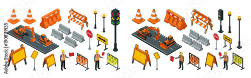 A collection of isometric road construction and traffic management elements including safety cones barriers excavators traffic signals warning signs and construction workers A collection of
