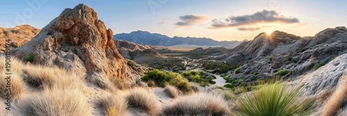 Panel kuchenny z motywem Breathtaking Peaceful Desert Vistas with Sun Shining Past Majestic Mountain Ridges at Dawn