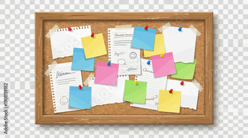 Colorful sticky notes and papers on a cork bulletin board.