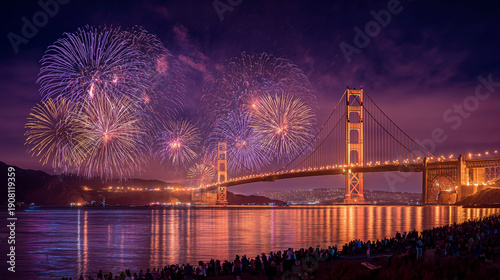 golden gate bridge fireworks night panoramic view, san francisco bay celebratory firework display, night city landscape with crowd watching fireworks