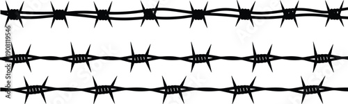 Hand drawn barbed wire horizontal set isolated on white background, black silhouette sketch fence borders for security design, danger warning, prison and military barrier concept.