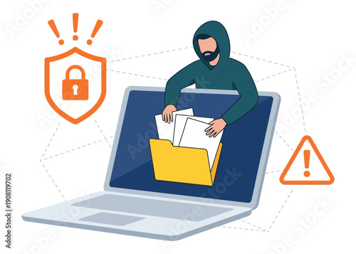 Illustration of a hooded figure stealing documents from a laptop with security and warning symbols indicating data breach and cyber threat cybersecurity hacker digital crime