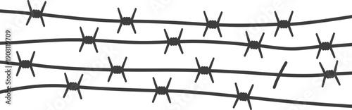 Hand drawn barbed wire horizontal set isolated on white background, black silhouette sketch fence lines for security border, danger warning, military and prison barrier design.
