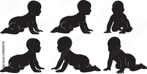 Silhouette of baby crawling in different positions and movements