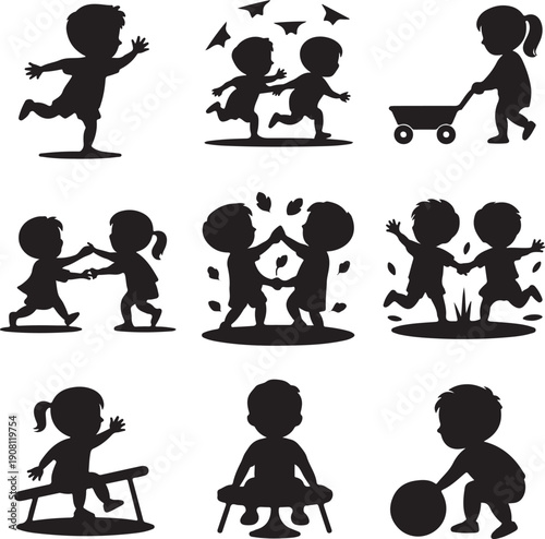 black silhouettes of children playing and having fun together outdoors