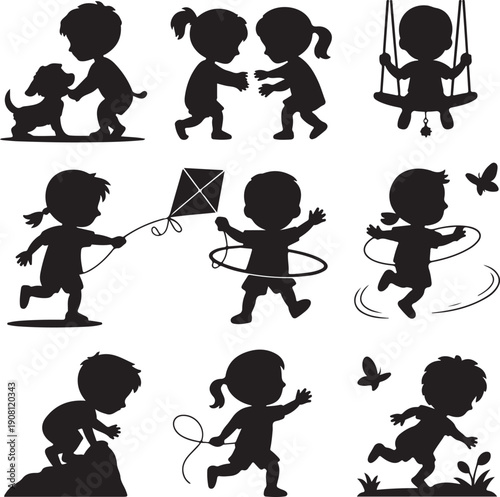 black silhouettes of children playing outdoors and having fun