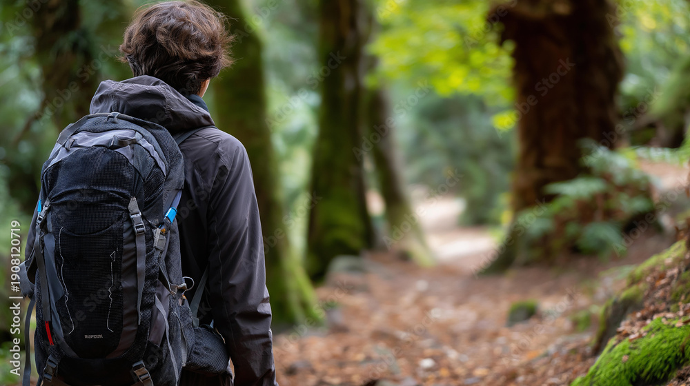 Fototapeta premium Faceless man with backpack walking through forest, outdoor adventure concept, woodland hiking scene, nature exploration photography, wilderness journey, with copy space