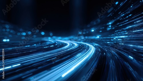 Abstract representation of flowing lines emitting bright blue light against a dark background