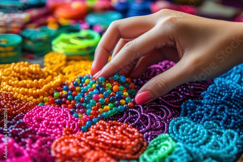 The process of making jewelry: selecting colored beads for stringing onto bracelets