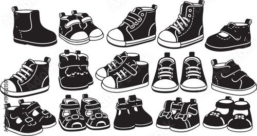 Collection of various black and white shoes illustration set