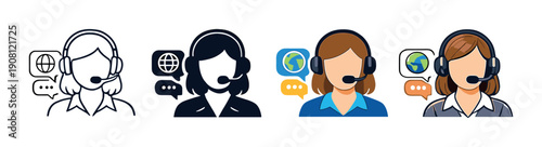 Diverse customer support representatives with headsets and earth icons