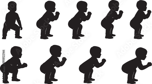 Silhouette of a child in various squatting positions sequence