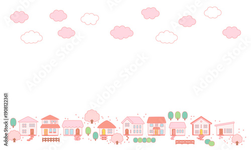 桜のある春の町並みフレーム背景素材_縁