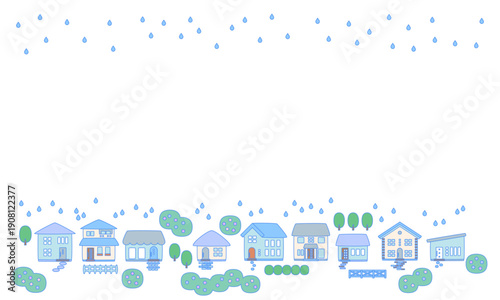梅雨の雨と紫陽花のある町並みフレーム背景素材_縁