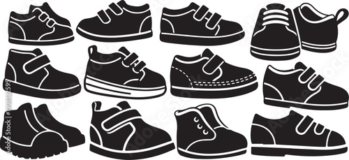 Collection of various black and white shoes illustration set