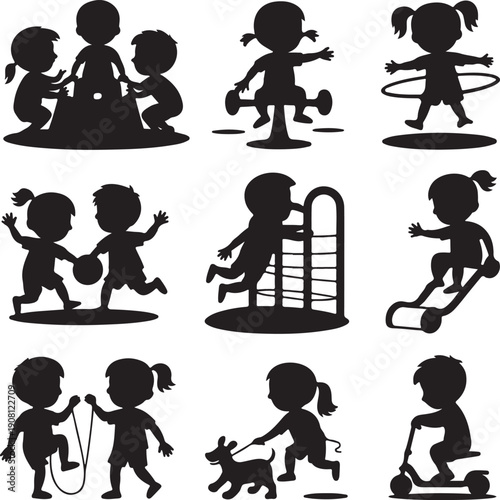 black silhouettes of children playing outdoors and having fun