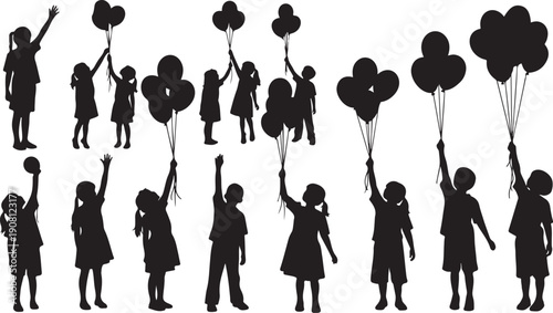 Children Silhouettes Holding Balloons in Happy Celebration Scene